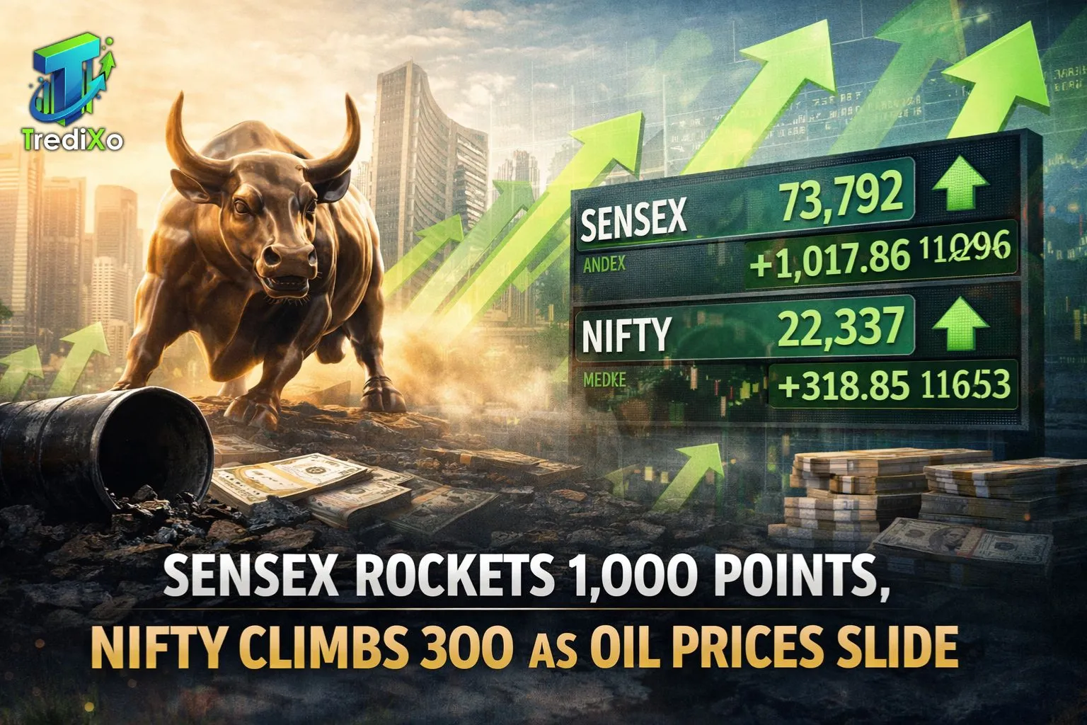 Sensex Rockets 1,000 Points, Nifty Climbs 300 as Oil Prices Slide