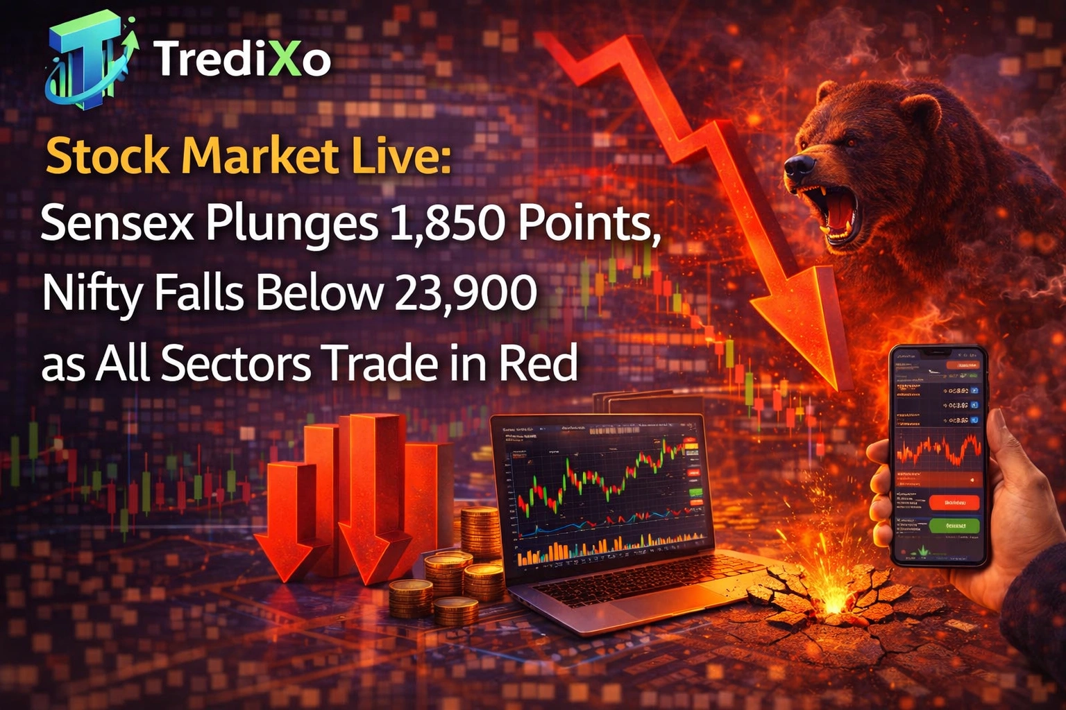 Stock Market Live Sensex Plunges 1,850 Points, Nifty Falls Below 23,900 as All Sectors Trade in Red